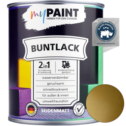 Einzelne Dose My Paint 2in1 Buntlack Seidenmatt in Gold mit Blauem Engel Kennzeichnung und goldenem Farbmusterkreis.