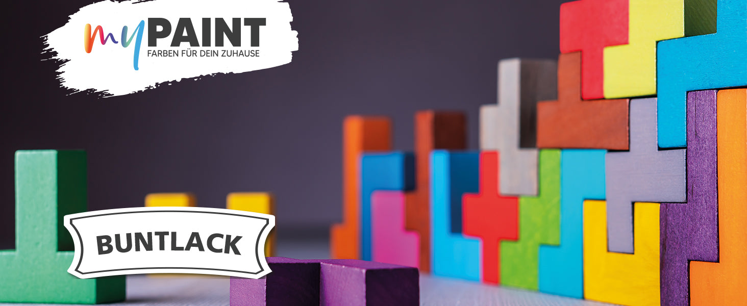 myPaint Buntlack Headergrafik mit bunten Holzbausteinen und Markenlogo – ideal für kreative Projekte im Innen- und Außenbereich.