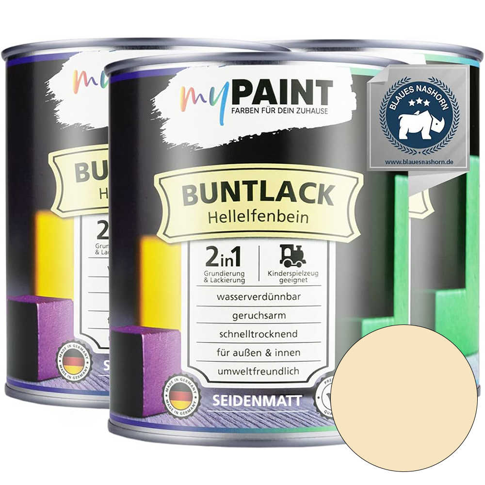 Drei Dosen My Paint 2in1 Buntlack Seidenmatt in Hellelfenbein als Set mit Umweltzertifikat und Farbvorschau.