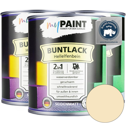 Drei Dosen My Paint 2in1 Buntlack Seidenmatt in Hellelfenbein als Set mit Umweltzertifikat und Farbvorschau.