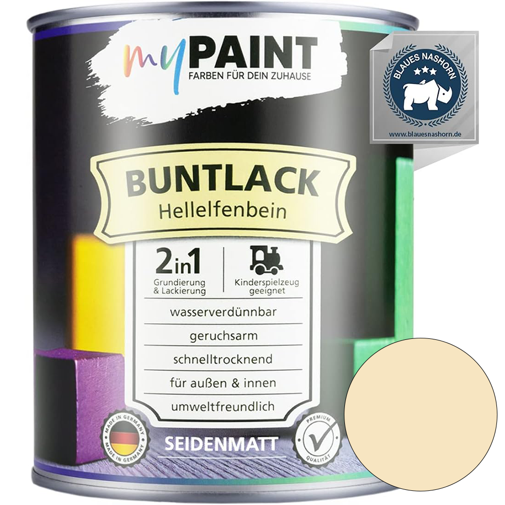 Einzelne Dose My Paint 2in1 Buntlack Seidenmatt in Hellelfenbein mit beigefarbenem Farbmusterkreis und Blaues-Nashorn-Siegel.