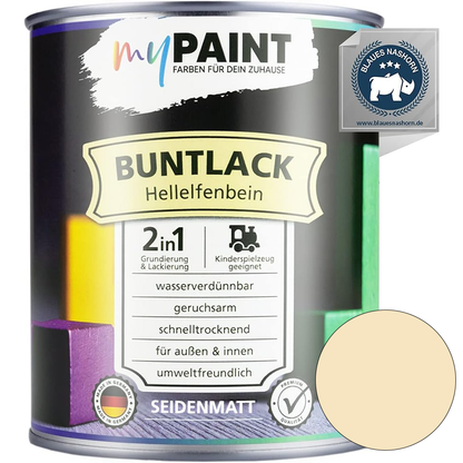 Einzelne Dose My Paint 2in1 Buntlack Seidenmatt in Hellelfenbein mit beigefarbenem Farbmusterkreis und Blaues-Nashorn-Siegel.