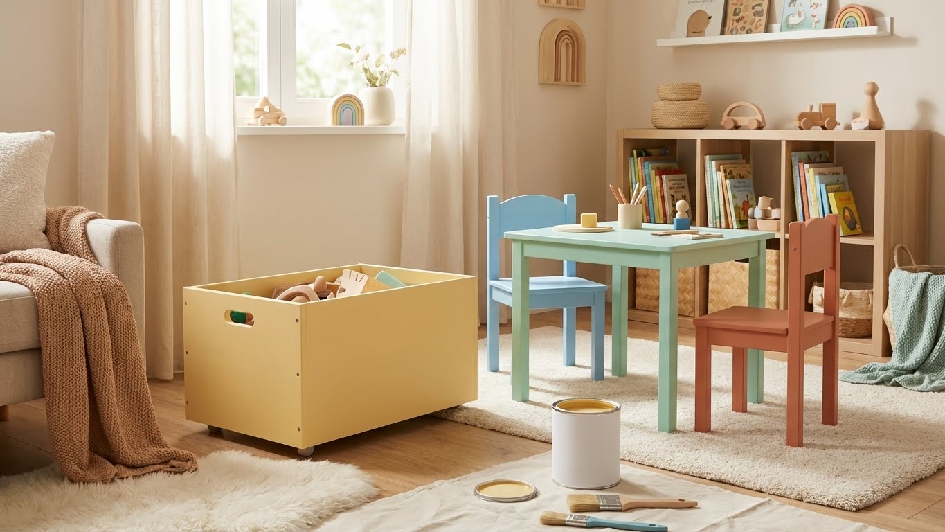 Bunt gestrichene Kindermöbel mit myPaint Buntlack – nach Trocknung kinderspielzeuggeeignet und schadstoffarm.