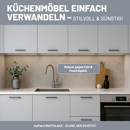 Mit My Paint Buntlack gestrichene graue Küchenmöbel mit Hinweis auf Widerstand gegen Fett und Feuchtigkeit.
