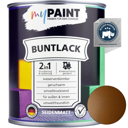 Einzelne Dose My Paint 2in1 Buntlack Seidenmatt in Kupfer mit Blaues-Nashorn-Siegel und Kupfer Farbmusterkreis.