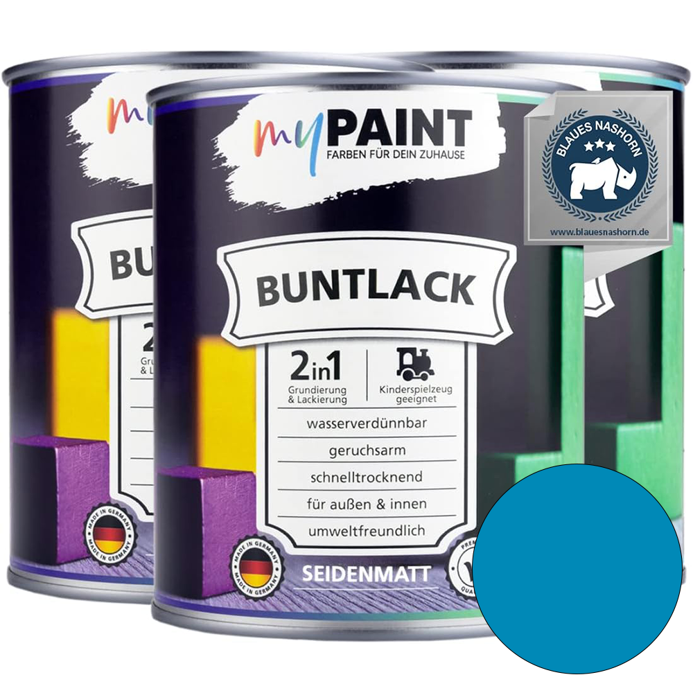 Drei Dosen My Paint 2in1 Buntlack Seidenmatt in Lichtblau als Set mit Umweltzertifikat und Farbvorschau.