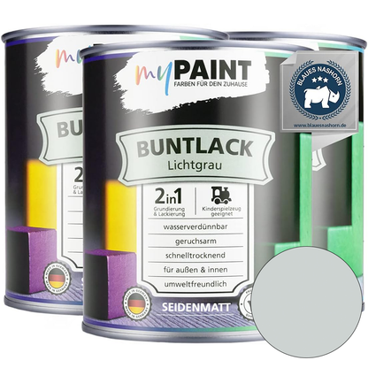 Drei Dosen My Paint 2in1 Buntlack Seidenmatt in der Farbe Lichtgrau als Set mit Blaues-Nashorn-Zertifikat und Farbvorschau.