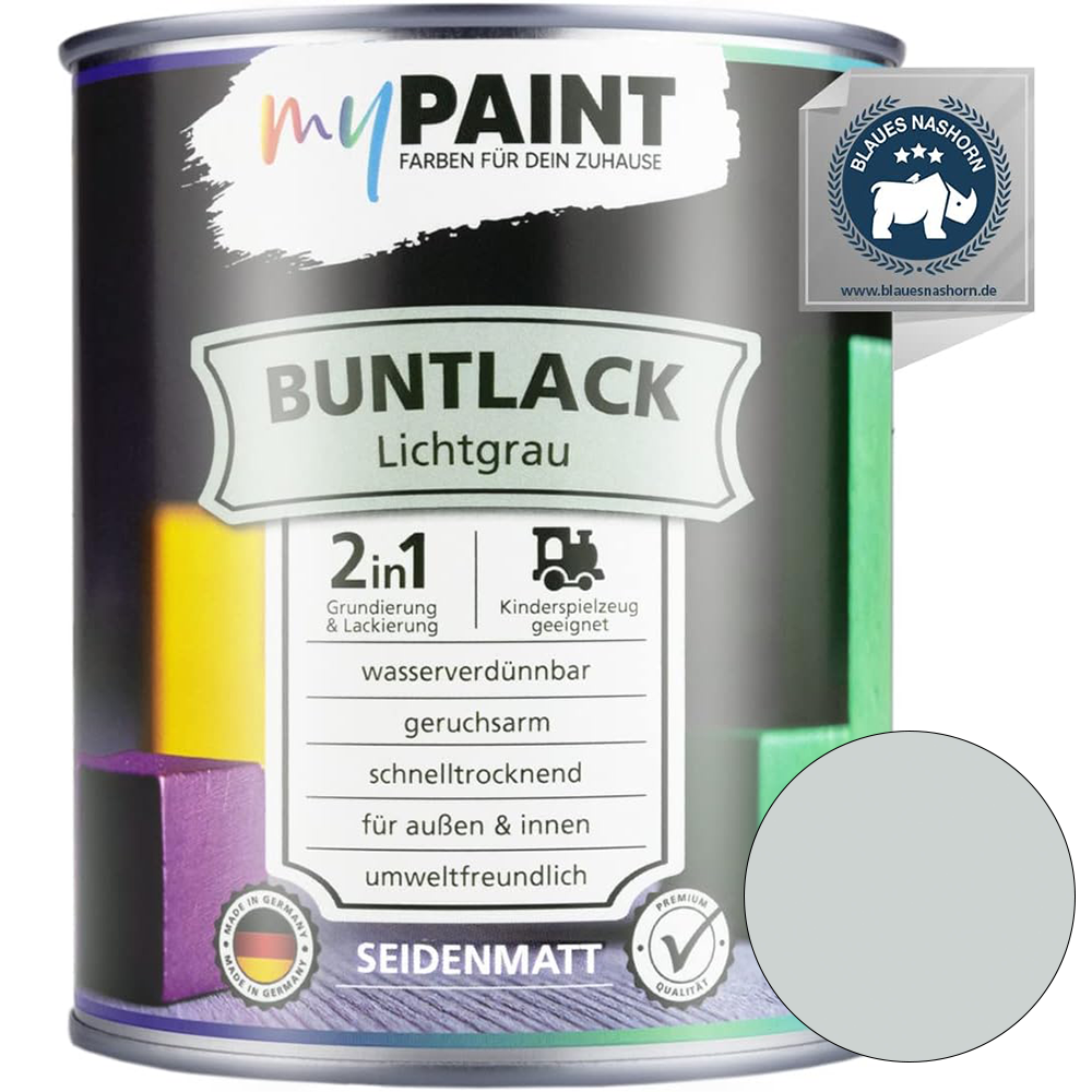 Einzelne Dose My Paint 2in1 Buntlack Seidenmatt in der Farbe Lichtgrau mit Blaues-Nashorn-Siegel und hellgrauem Farbmusterkreis.