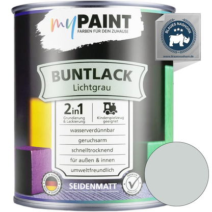Einzelne Dose My Paint 2in1 Buntlack Seidenmatt in der Farbe Lichtgrau mit Blaues-Nashorn-Siegel und hellgrauem Farbmusterkreis.