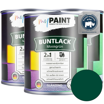 Drei Dosen My Paint 2in1 Buntlack in der Farbe Moosgrün mit glänzendem Finish als Set und Farbvorschau.