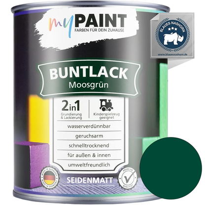 Einzelne Dose My Paint 2in1 Buntlack in der Farbe Moosgrün mit seidenmatter Oberfläche und grünem Farbmusterkreis.