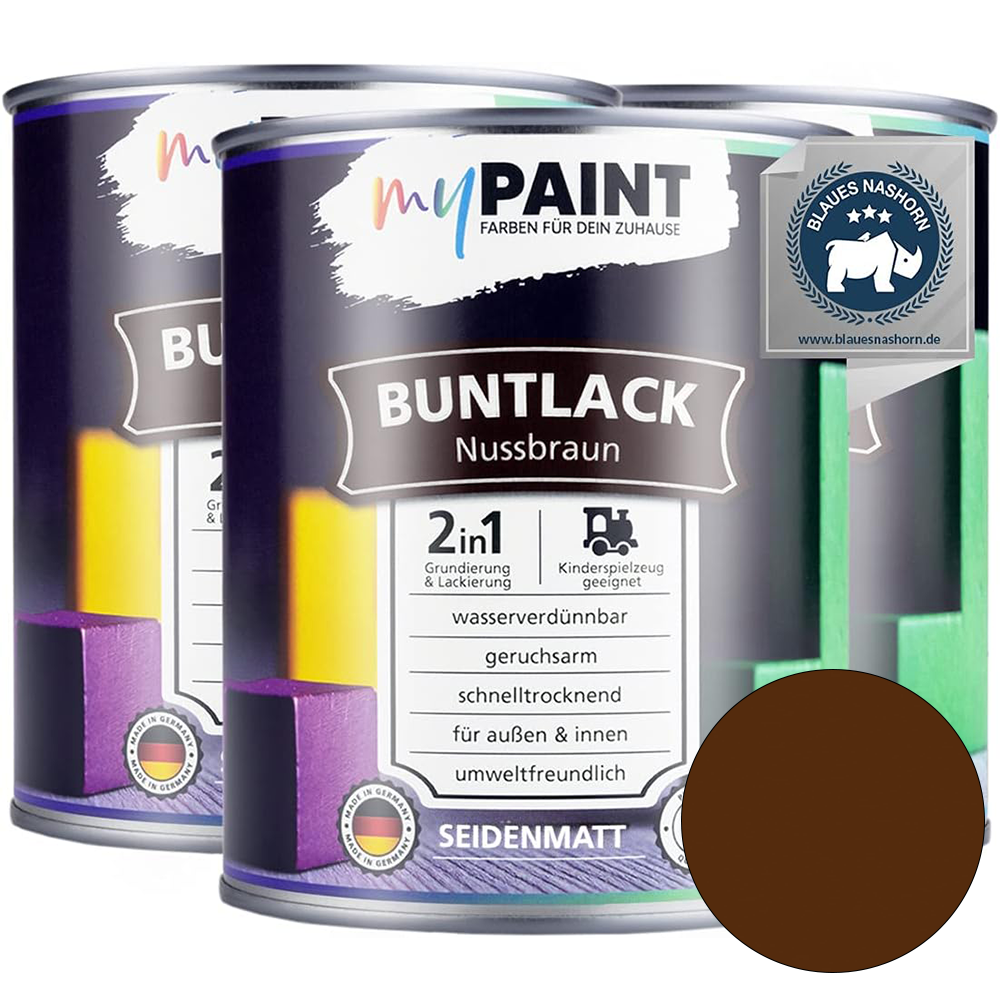 Drei Dosen My Paint 2in1 Buntlack Seidenmatt in Nussbraun als Set mit Farbvorschau und Zertifikat.