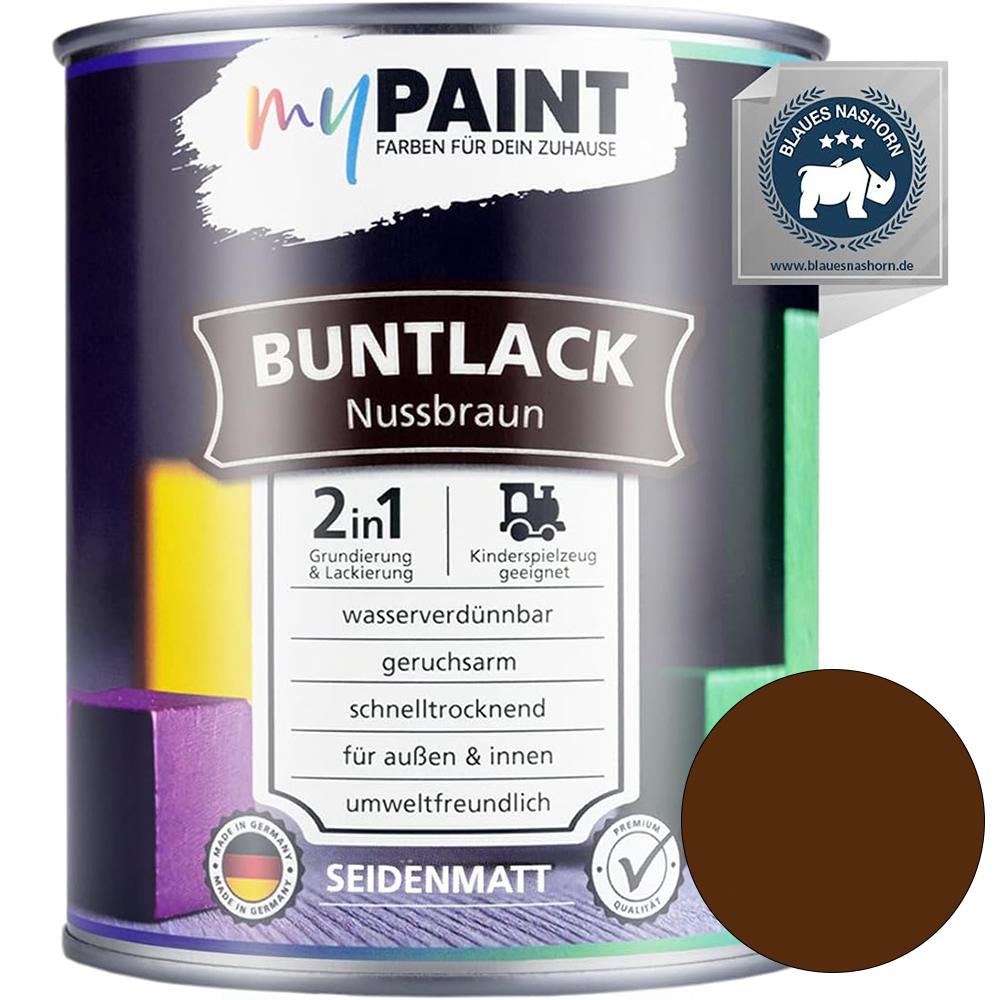 Einzelne Dose My Paint 2in1 Buntlack Seidenmatt in Nussbraun mit braunem Farbmusterkreis und Blaues-Nashorn-Siegel.