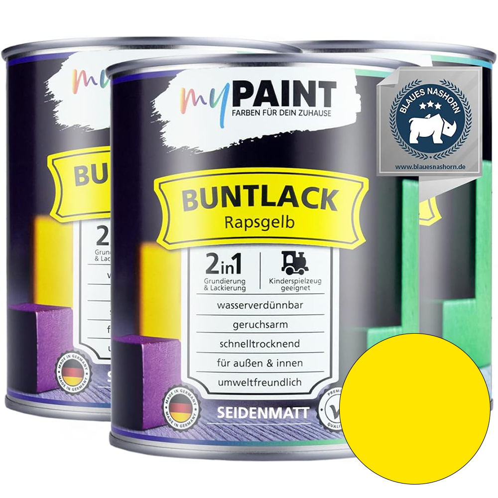 Drei Dosen My Paint 2in1 Buntlack Seidenmatt in der Farbe Rapsgelb als Set mit Umweltzertifikat und Farbvorschau.