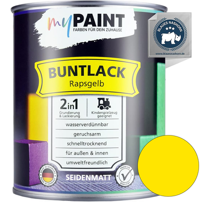 Einzelne Dose My Paint 2in1 Buntlack Seidenmatt in der Farbe Rapsgelb mit Blaues-Nashorn-Siegel und gelbem Farbmusterkreis.