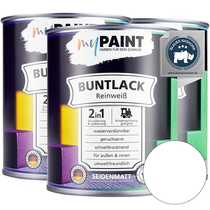 Drei Dosen My Paint 2in1 Buntlack Seidenmatt in Reinweiß als Set mit Umweltzertifikat und Farbvorschau.