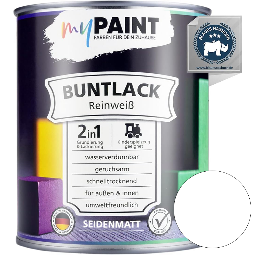 Einzelne Dose My Paint 2in1 Buntlack Seidenmatt in Reinweiß mit Blaues-Nashorn-Siegel und weißem Farbmusterkreis.