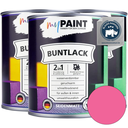 Drei Dosen My Paint 2in1 Buntlack Seidenmatt in Rosa als Set mit Umweltzertifikat und Farbvorschau.
