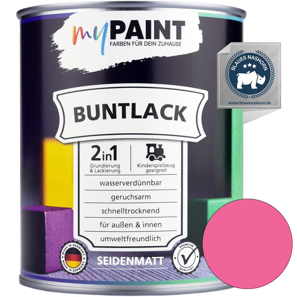 Einzelne Dose My Paint 2in1 Buntlack Seidenmatt in Rosa mit Blaues-Nashorn-Siegel und rosafarbenem Farbmusterkreis.