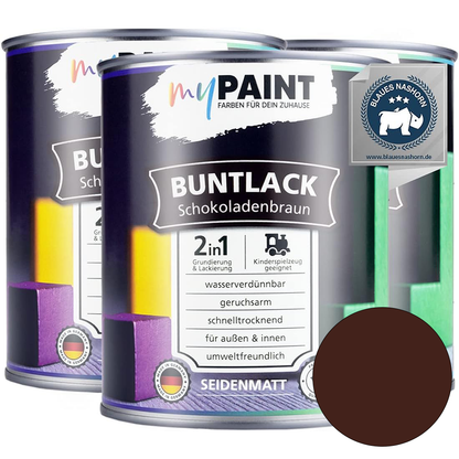 Drei Dosen My Paint 2in1 Buntlack Seidenmatt in Schokoladenbraun als Set mit Farbvorschau und Zertifikat.