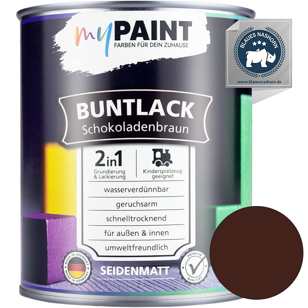 Einzelne Dose My Paint 2in1 Buntlack Seidenmatt in Schokoladenbraun mit braunem Farbmusterkreis und Blaues-Nashorn-Siegel.