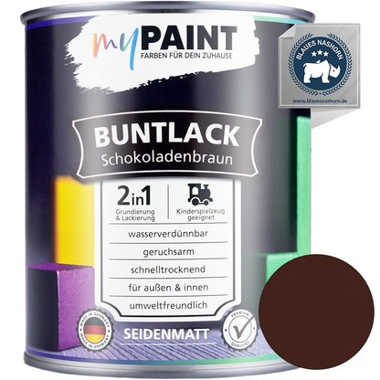 Einzelne Dose My Paint 2in1 Buntlack Seidenmatt in Schokoladenbraun mit braunem Farbmusterkreis und Blaues-Nashorn-Siegel.