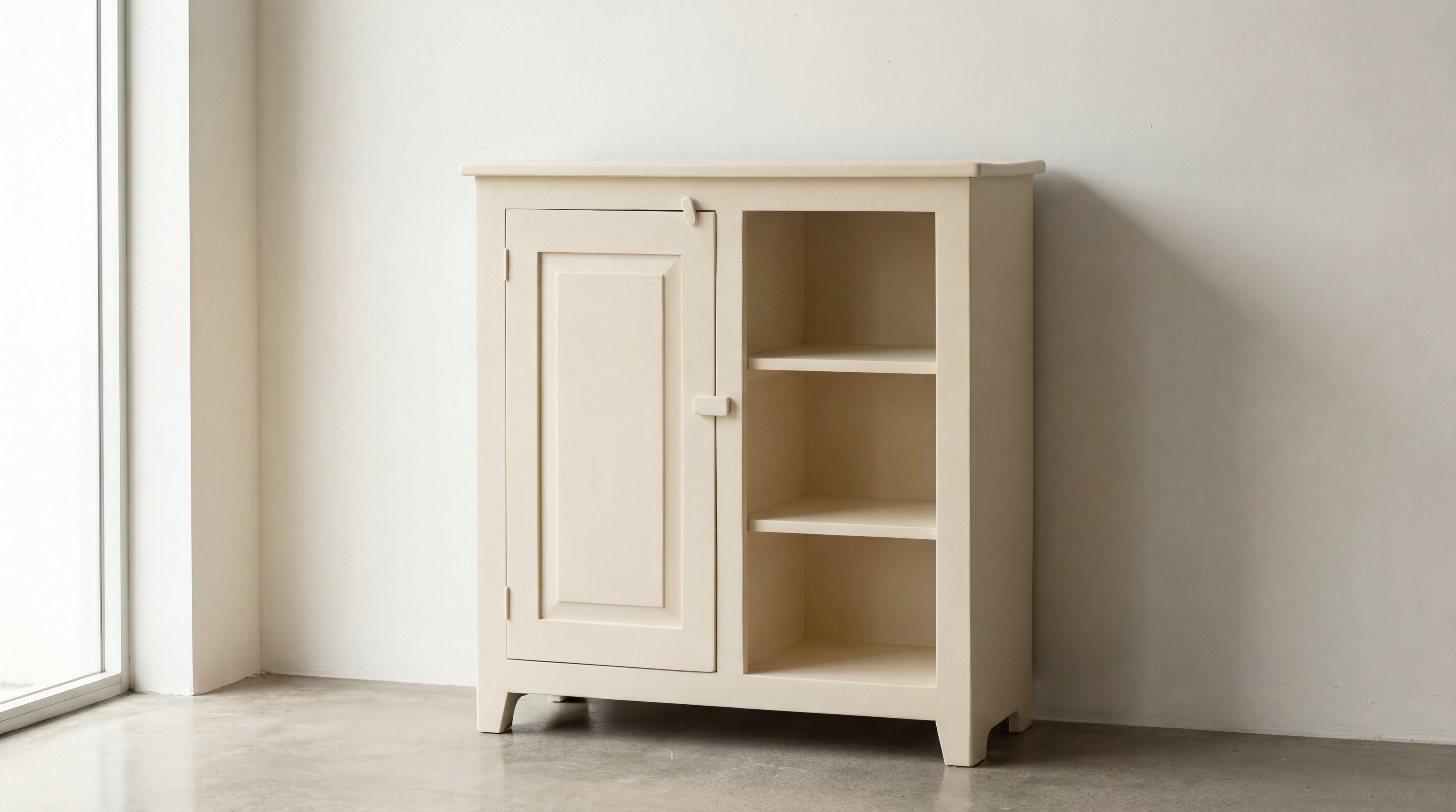 Nachher-Vergleich eines Holzschranks mit myPaint Buntlack in hellem Cremeton – für frischen Look ohne Grundierung.