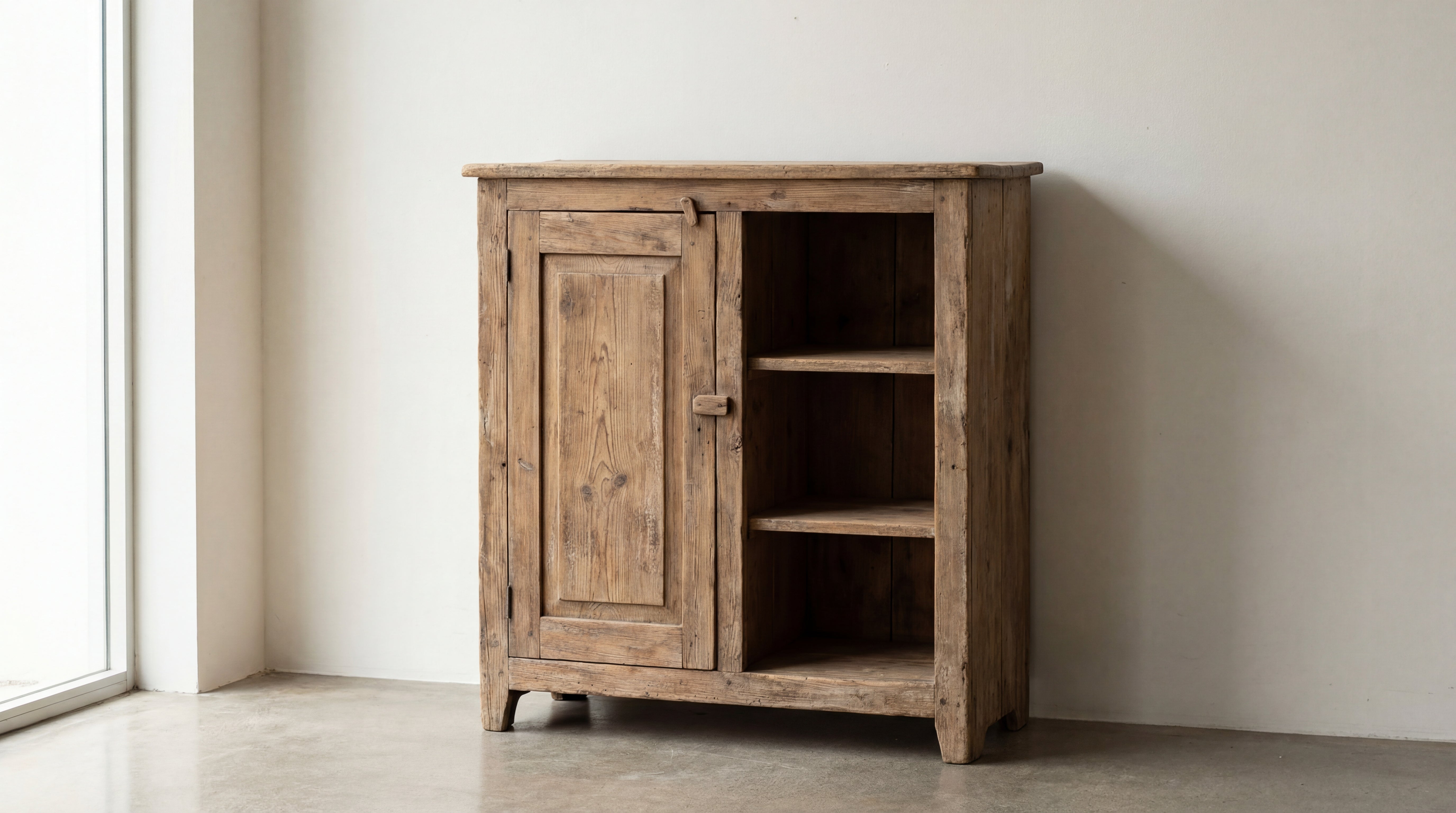 Alter Schrank, ohne sichtbare Farbe und vor der Behandlung mit dem MyPaint Buntlack. 