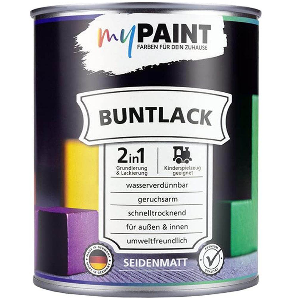 Einzelne Dose My Paint 2in1 Buntlack Seidenmatt mit Produktlabel und Eigenschaften wie wasserverdünnbar, geruchsarm und schnell trocknend.
