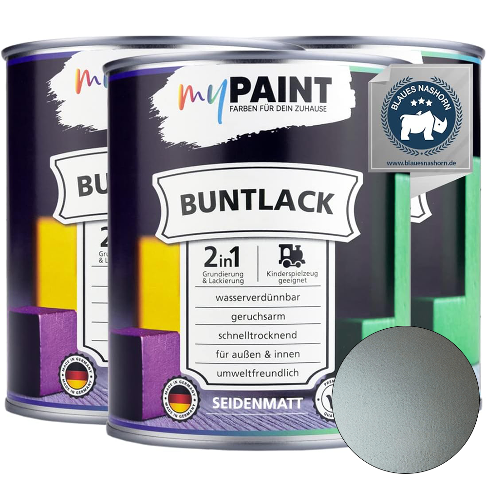 Drei Dosen My Paint 2in1 Buntlack Seidenmatt in Silber als Set mit Blaues-Nashorn-Zertifikat und Farbvorschau.