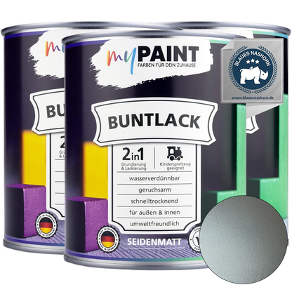 Drei Dosen My Paint 2in1 Buntlack Seidenmatt in Silber als Set mit Blaues-Nashorn-Zertifikat und Farbvorschau.