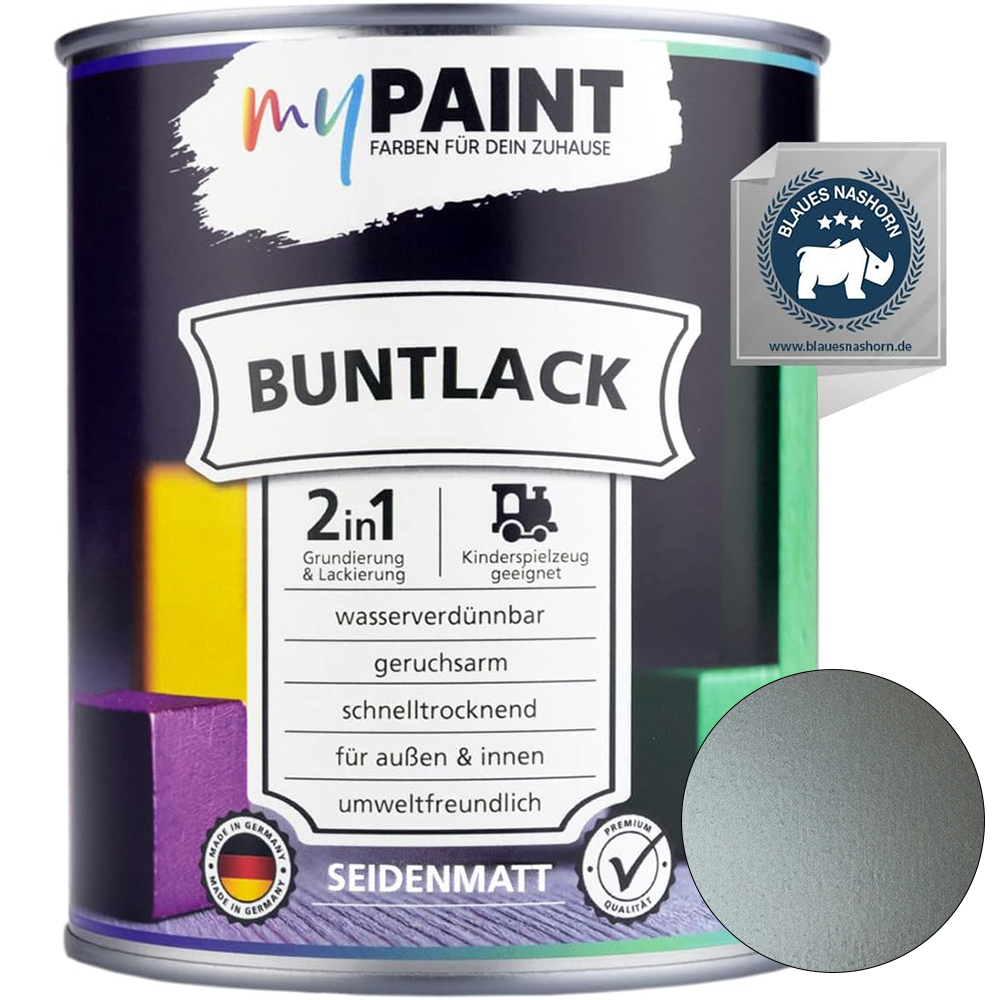 Einzelne Dose My Paint 2in1 Buntlack Seidenmatt in Silber mit Blaues-Nashorn-Siegel und silberem Farbmusterkreis.