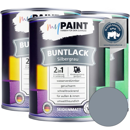 Drei Dosen My Paint 2in1 Buntlack Seidenmatt in Silbergrau als Set mit Farbvorschau und Zertifikat.