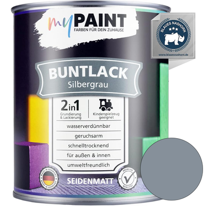 Einzelne Dose My Paint 2in1 Buntlack Seidenmatt in Silbergrau mit silbergrauem Farbmusterkreis und Blaues-Nashorn-Siegel.