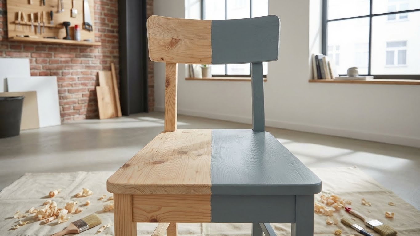 Holzstuhl halb natur, halb grau gestrichen mit myPaint Buntlack – ideal für Möbel- und DIY-Projekte.