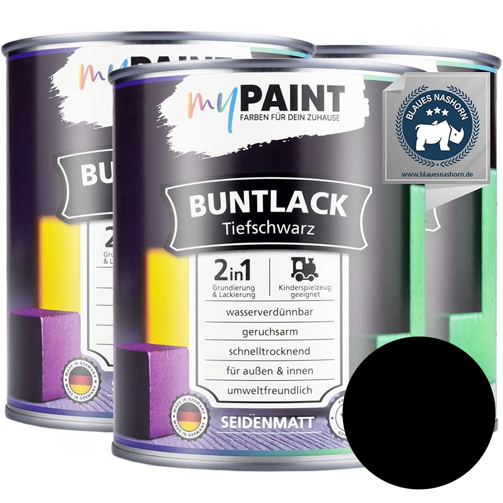 Drei Dosen My Paint 2in1 Buntlack Seidenmatt in Tiefschwarz als Set mit Farbvorschau und Zertifikat.