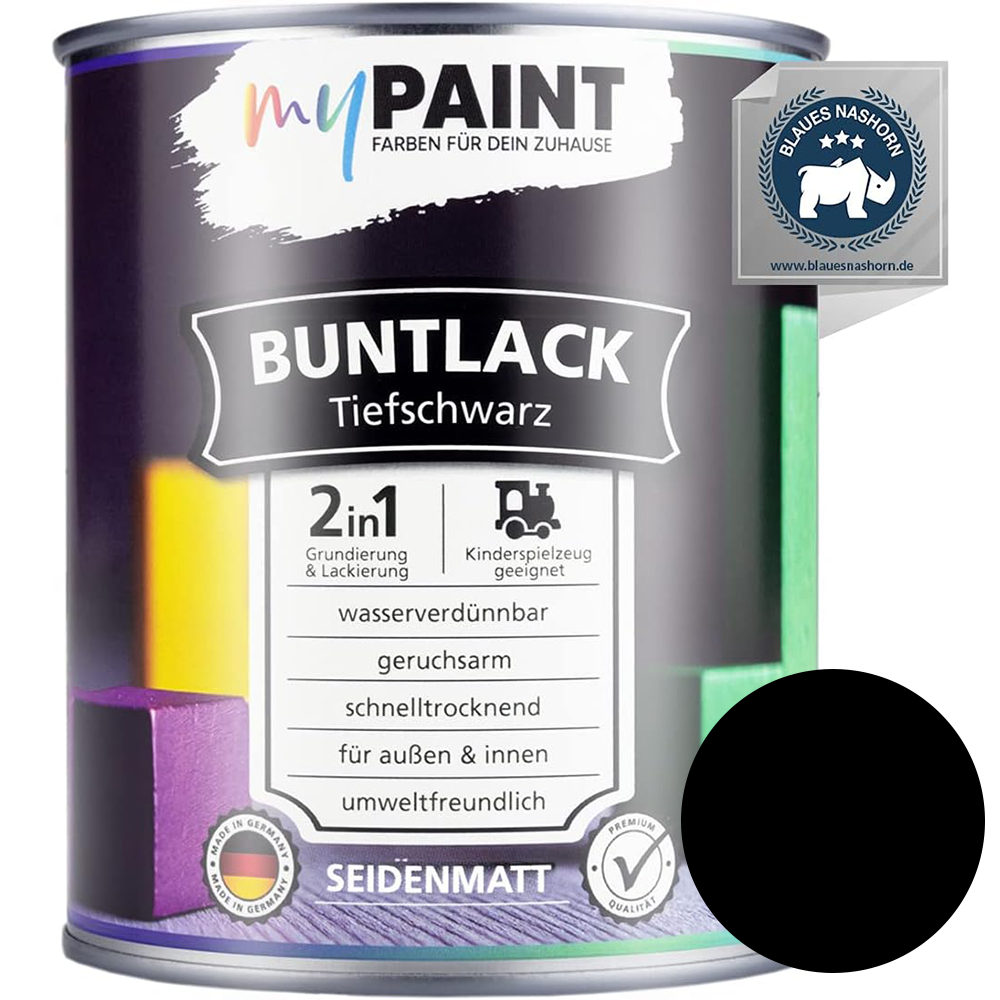 Einzelne Dose My Paint 2in1 Buntlack Seidenmatt in Tiefschwarz mit schwarzem Farbmusterkreis und Blaues-Nashorn-Siegel.