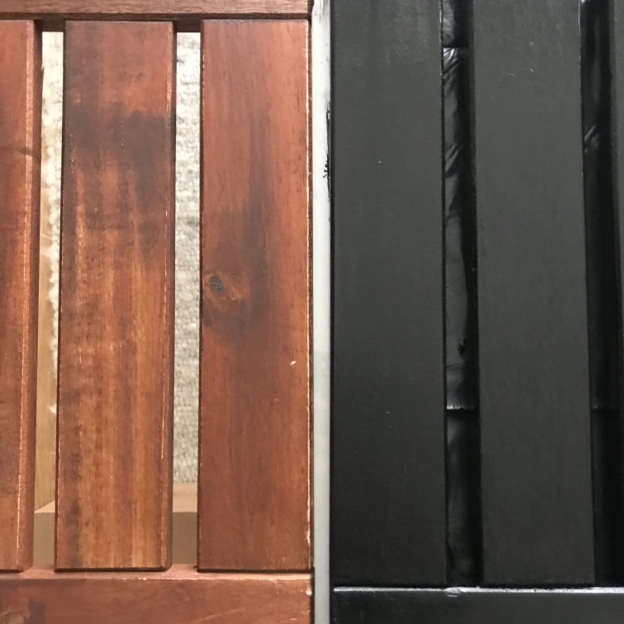 Vorher-Nachher-Vergleich von Holzoberfläche mit myPaint Buntlack – deckende, gleichmäßige Farbergebnisse.