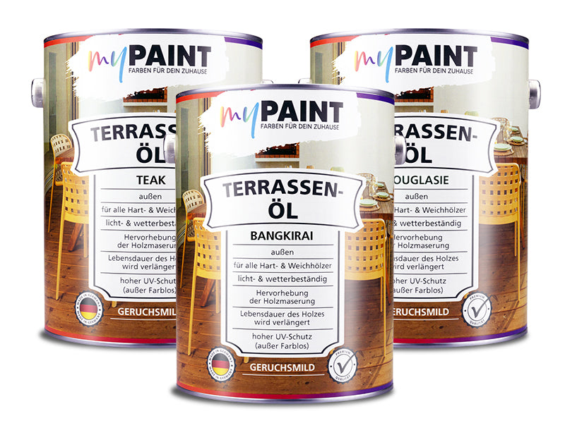 Drei Dosen My Paint Terrassenöl 2,5 L in den Farbvarianten Teak, Bangkirai und Douglasie als Set dargestellt.