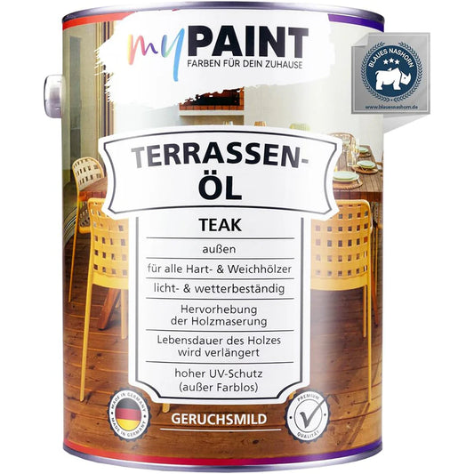 My Paint Terrassenöl 2,5 L in der Farbvariante Teak als Metalldose mit Produktinformationen zu Wetterbeständigkeit und Holzmaserung.