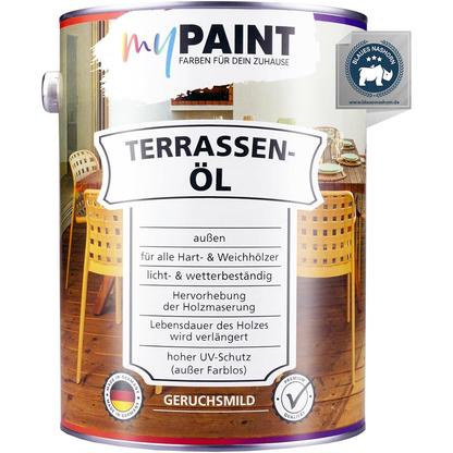 Produktbild von My Paint Terrassenöl 2,5 L in der Metalldose mit der Aufschrift Terrassen-Öl für den Außenbereich und Hinweisen zu UV-Schutz und Holzpflege.