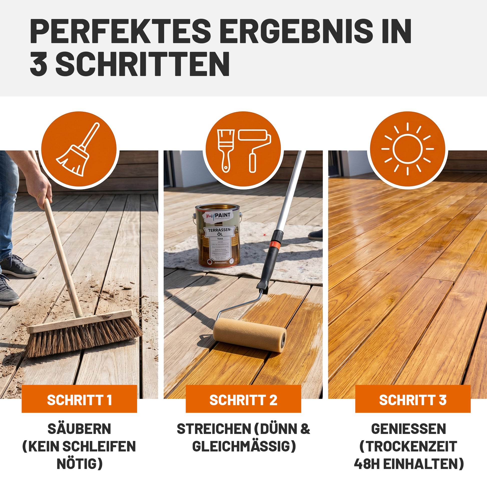 Anleitung zur Anwendung des myPaint Terrassenöls in drei Schritten: Säubern, Streichen und Geniessen nach 48 Stunden Trocknungszeit