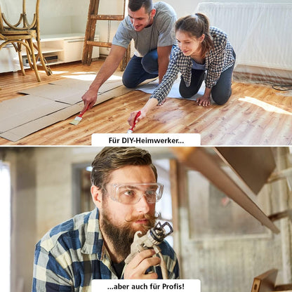 Anwendung von My Paint Terrassenöl durch DIY-Heimwerker mit Pinsel auf Holzboden sowie professioneller Auftrag mit Sprühgerät.