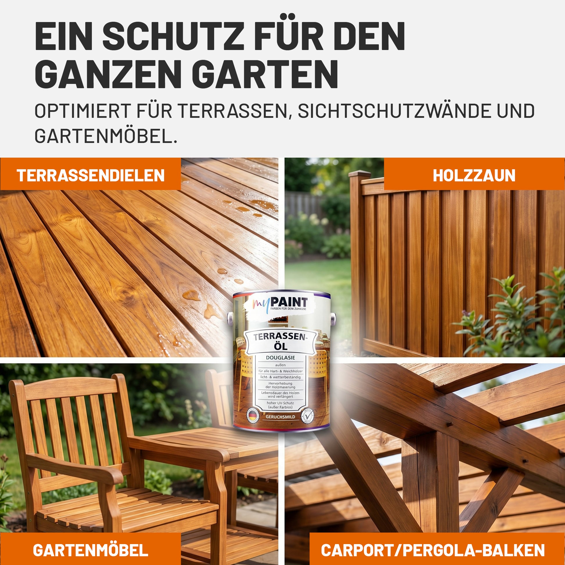 myPaint Terrassenöl in der Variante Douglasie mit Anwendungsbereichen für Terrassendielen, Holzzaun, Gartenmöbel sowie Carport- und Pergola-Balken