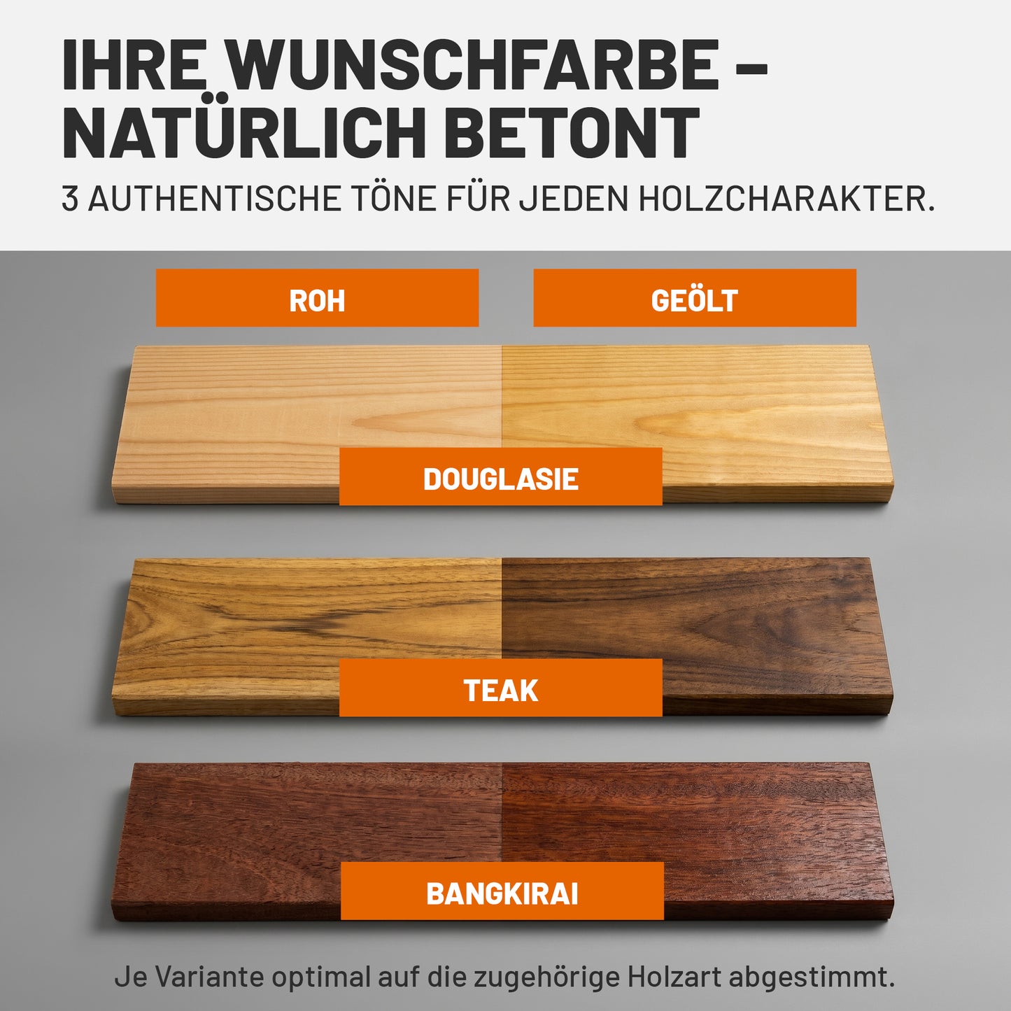 Farbvergleich des myPaint Terrassenöls in den Varianten Douglasie, Teak und Bangkirai mit Gegenüberstellung von rohem und geöltem Holz