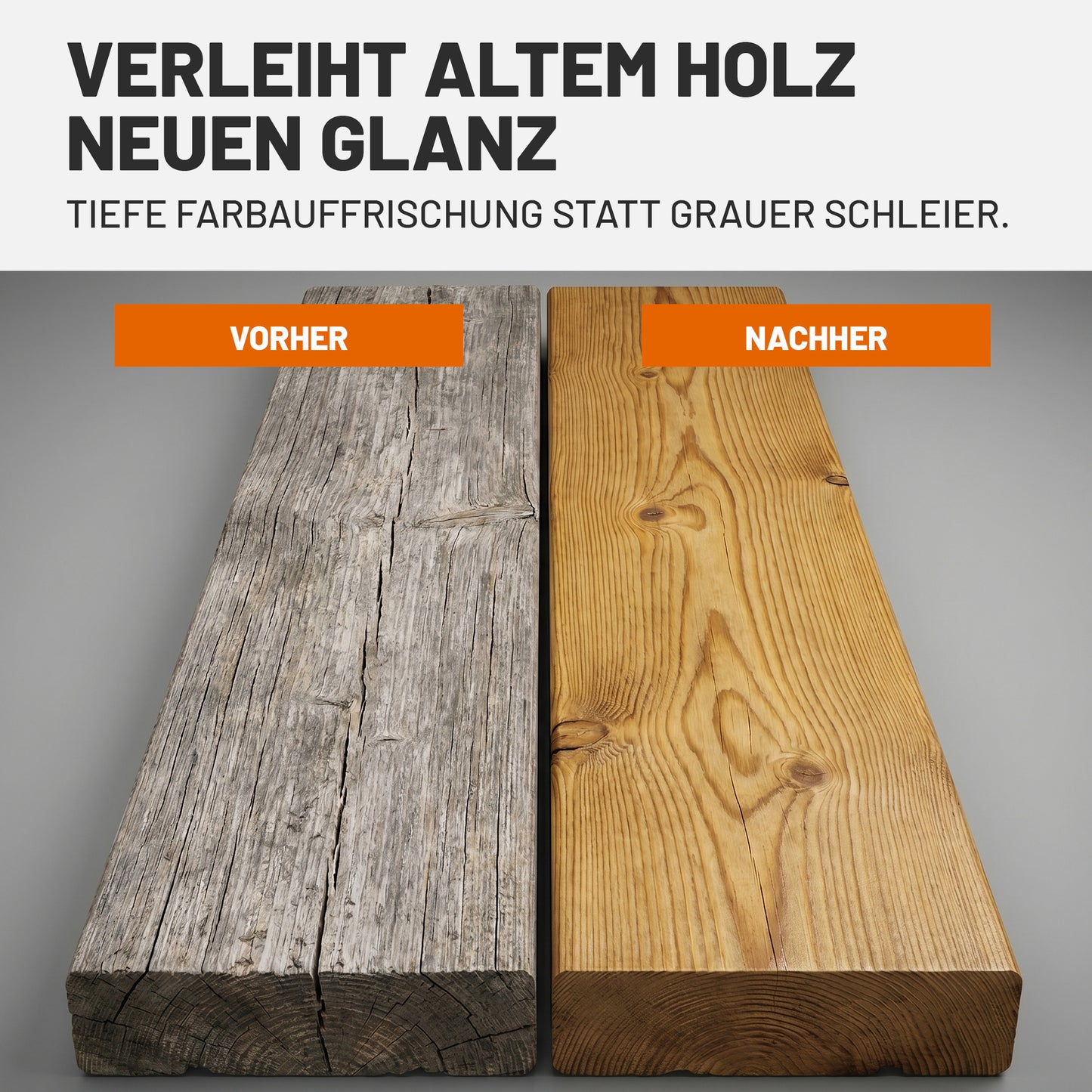 Vorher-Nachher-Vergleich einer vergrauten Holzdiele und einer mit myPaint Terrassenöl aufgefrischten Diele