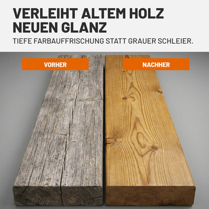 Vorher-Nachher-Vergleich einer vergrauten Holzdiele und einer mit myPaint Terrassenöl aufgefrischten Diele