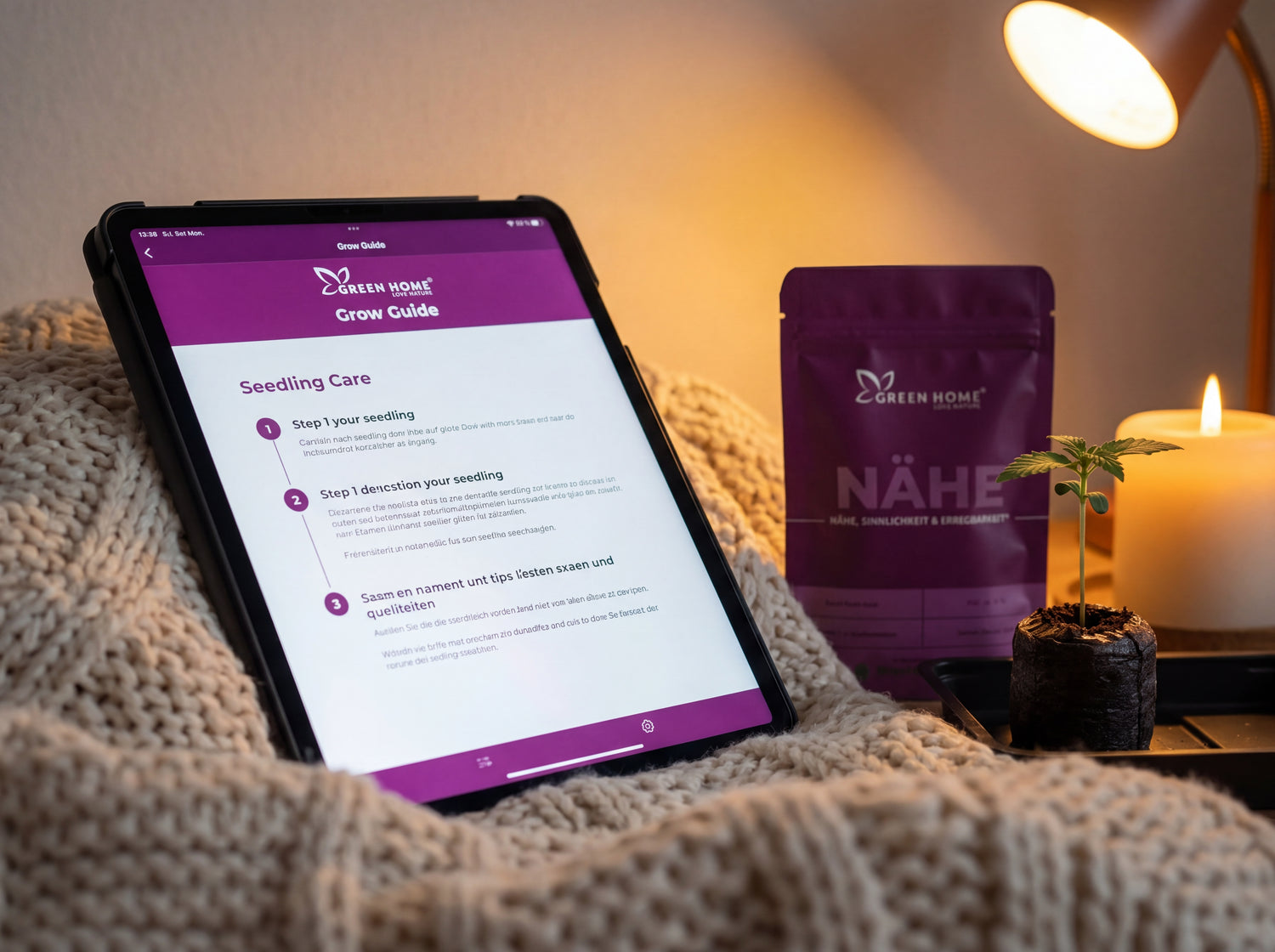 Digitaler Grow-Guide auf Tablet neben NÄHE Verpackung und Keimling bei Abendlicht