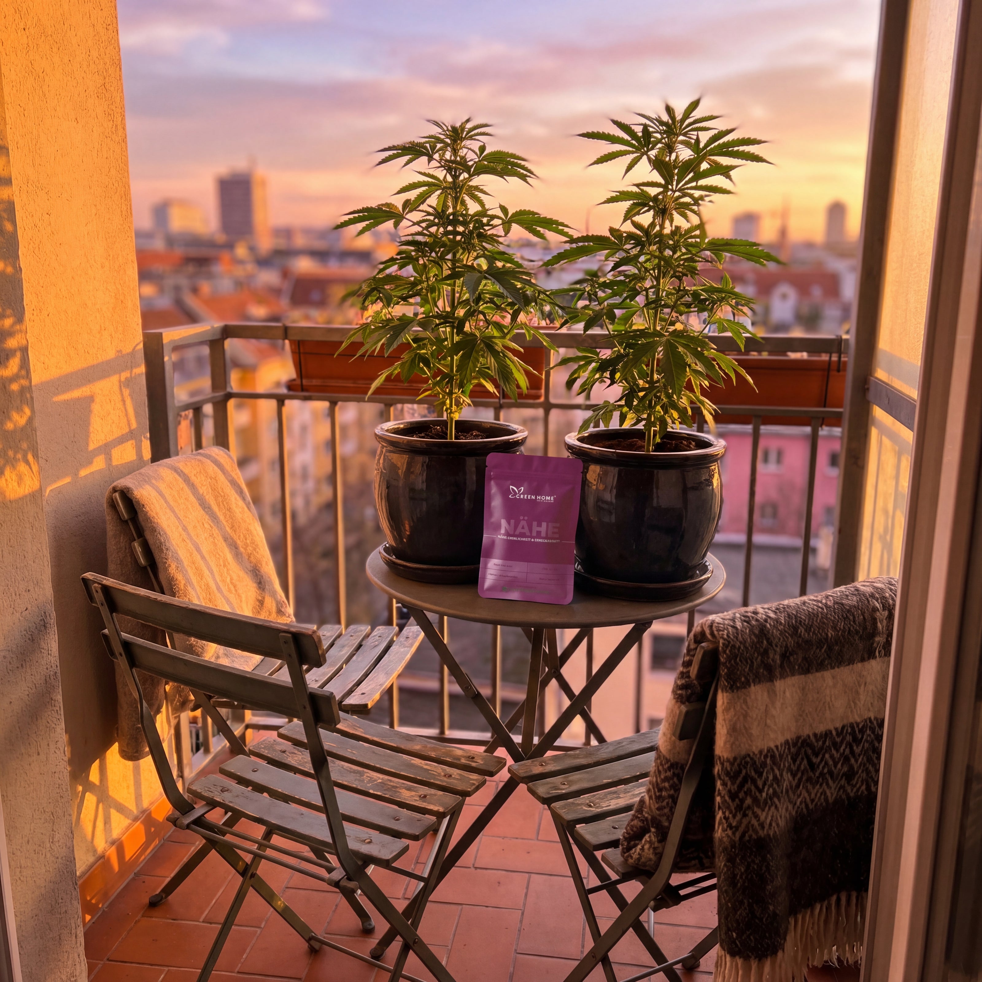 Zwei Cannabis-Pflanzen auf Paar-Balkon bei Sonnenuntergang neben NÄHE Verpackung
