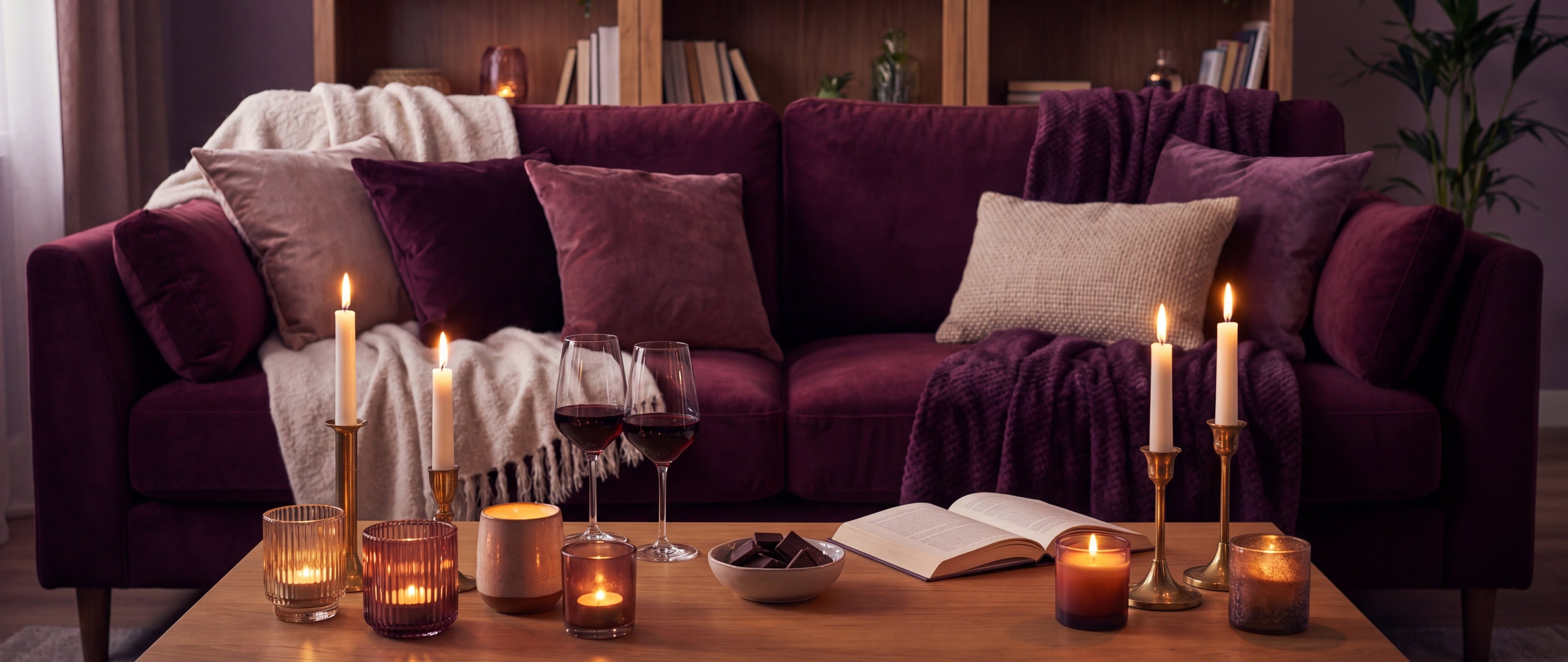 Intimes Wohnzimmer bei Kerzenschein mit Samtsofa und Wein – NÄHE Starter Set A+ Banner